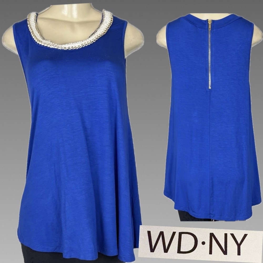 WD·NY L Royal Blue Sleeveless Top Cream Woven Gold Chain Scoop Neck Back Zipper